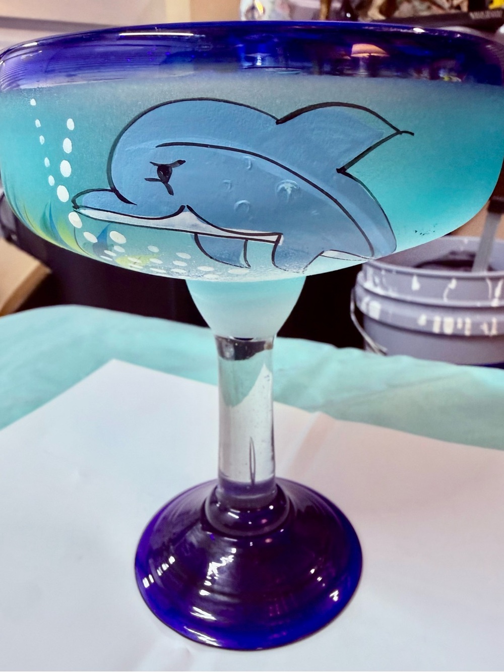 Hand-Painted Dolphin Margarita Glass - Blue Gradient